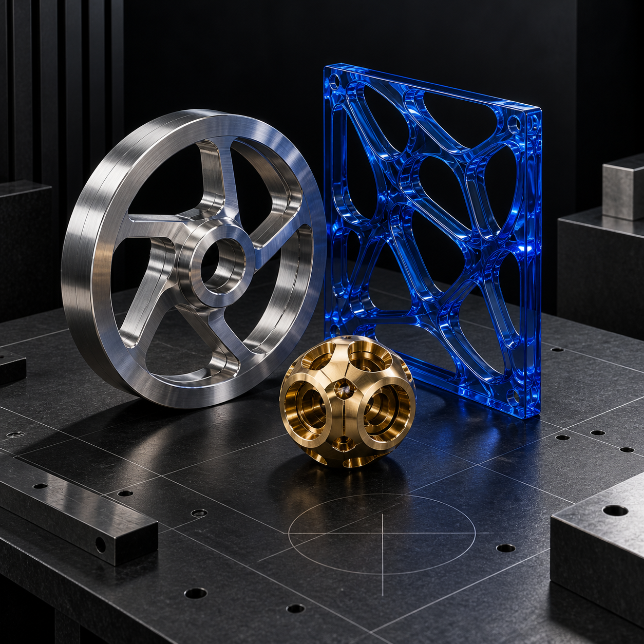 Silver, blue and gold prototype objects on a technical workbench